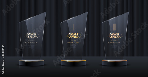 Glass award trophy set. Transparent prize template with golden palm branch. Winner first place concept. Vector illustration.