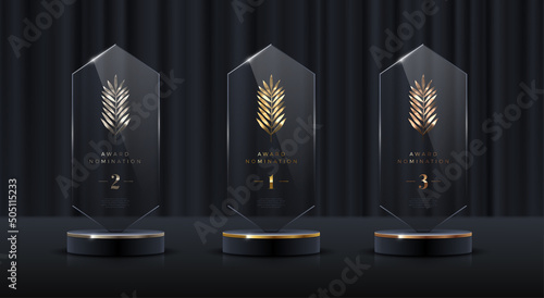 Glass award trophy set. Transparent prize template with golden palm branch. Winner first place concept. Vector illustration.