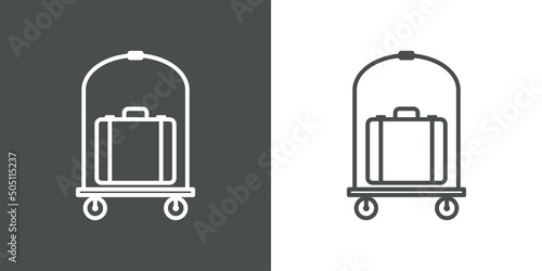 Logo luggage cart. Icono con silueta de maleta en carrito para equipaje en hotel con líneas en fondo gris y fondo blanco