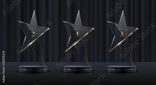 Glass award trophy set. Star shape transparent prize template. Winner first place concept. Vector illustration.