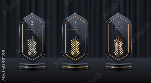 Glass award trophy set. Transparent prize template with golden palm branch. Winner first place concept. Vector illustration.