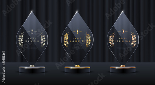 Glass award trophy set.Transparent prize template with golden palm branch. Winner first place concept. Vector illustration.
