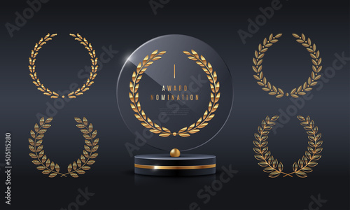 Glass award trophy set.Transparent prize template with golden laurel wreath. Winner first place concept. Vector illustration.
