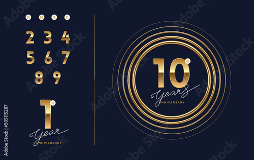 Anniversary golden logo with realistic 3d golden frame. There is additional elements for compilation any dates. Vector illustration.