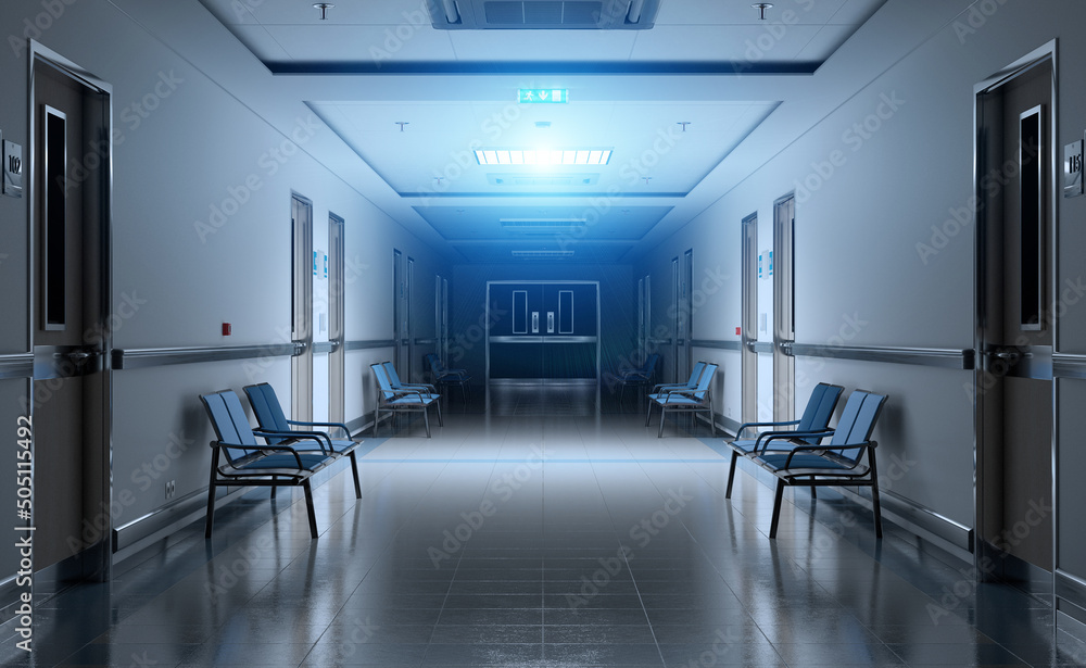 Long dark hospital corridor with rooms and seats 3D rendering. Empty accident and emergency interior with bright lights lighting the hall from the ceiling - obrazy, fototapety, plakaty 