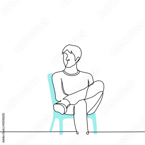 man sits on a chair with his legs crossed and looks to the side - one line drawing vector. concept confident posture, calmness, expectation