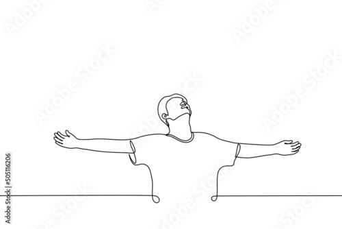 man spread his arms to the sides like bird or airplane face pointing up - one line drawing vector. concept dream, freedom, liberation, breathe deeply, triumph, victory, enlightenment
