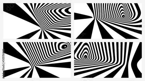 The geometric background by stripes. Black and white modern pattern with optical illusion. 3d vector illustration for brochure, annual report, magazine, poster, presentation, flyer or banner.