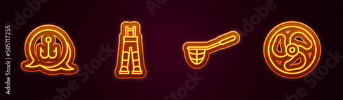 Set line Fishing hook, Fisherman pants, net and Outboard boat motor. Glowing neon icon. Vector