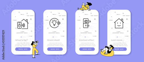Smart home system set icon. Phone control, unlock, open the lock, turn on the light, light bulb. Modern technologies concept. UI phone app screens with people. Vector line icon for Business