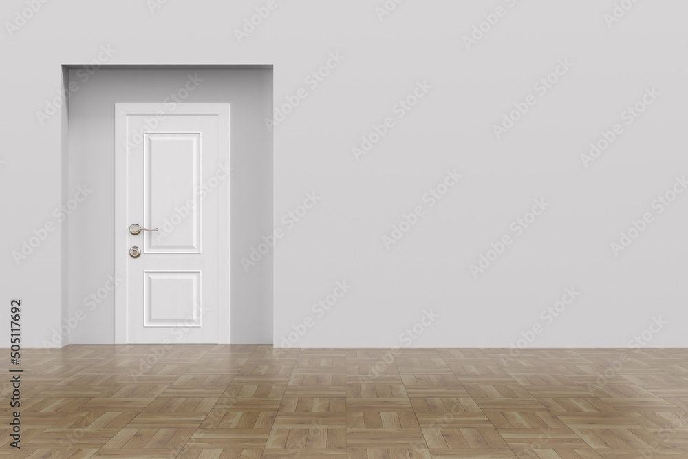 closed wooden door in hall. 3D illustration closed wooden door in hall. 3D illustration