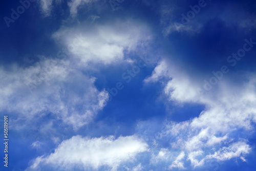 Summer sky. Heaven and infinity. Beautiful bright blue background. Light cloudy, good weather. White clouds in the blue sky. Curly clouds on a sunny day