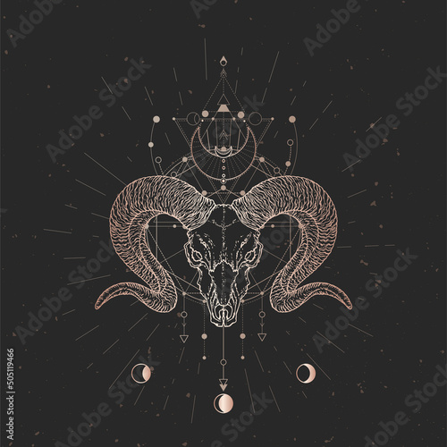 Vector illustration with hand drawn Wild ram skull and Sacred geometric symbol on black vintage background. Abstract mystic sign.