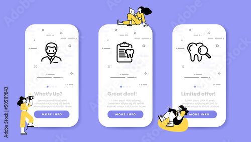 Stomatology set icon. Dentistry, man, dentist, tooth, teeth, documents, treatment, caries, magnifying glass, medical record, research, analysis. Healthcare concept. UI phone app screens with people