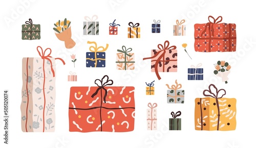Gift boxes set. Presents, surprises wrapped in festive paper and ribbon, bow decor. Holiday flowers, packages of different shape, size. Flat graphic vector illustration isolated on white background