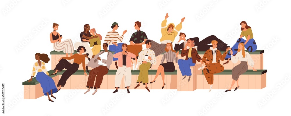 Diverse young people gathering for communication, relaxing outdoors. Modern community, group of friends, couples together, sitting on benches. Flat vector illustration isolated on white background - obrazy, fototapety, plakaty 