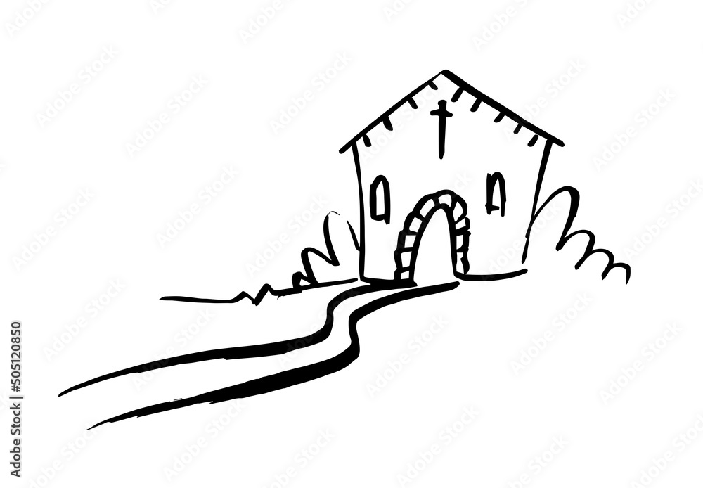 Little church in a natural landscape. Inked brush strokes hand drawn style black and white vector illustration.