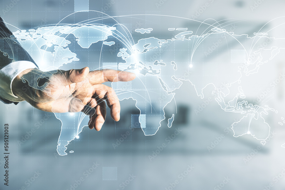 Man hand clicks on abstract graphic digital world map with connections ...
