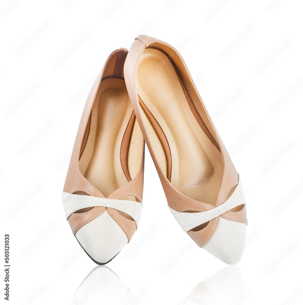 Pair of beige women's shoes isolated on a white background, Save clipping path. Pair of beige women's shoes isolated on a white background, Save clipping path.