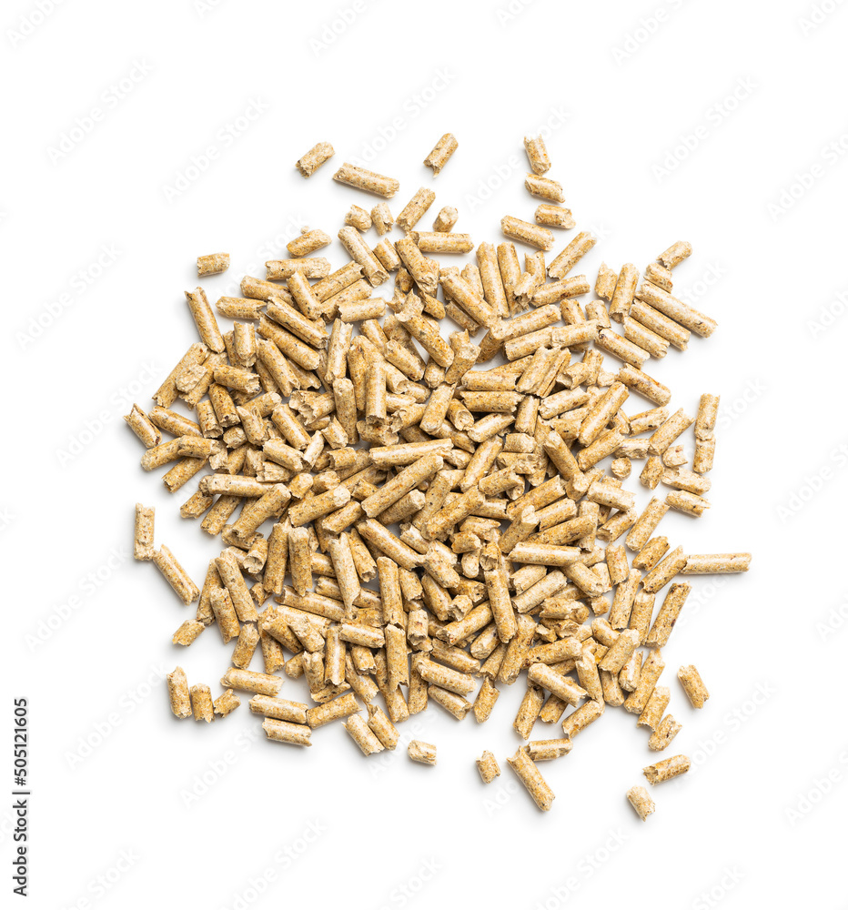 Wooden pellets, biofuel isolated on white background. Ecologic fuel made from biomass. Renewable energy source.