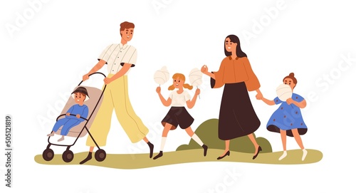 Happy family with kids walking in park with cotton candy. Mom, dad and children during outdoors leisure together on summer weekend. Flat graphic vector illustration isolated on white background