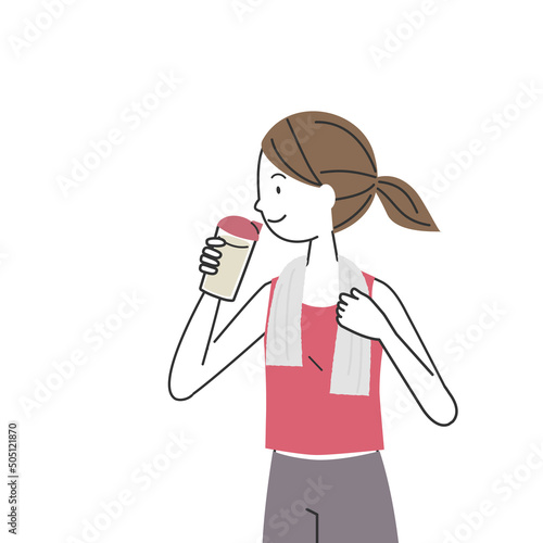 プロテインを飲むトレーニングウェアを着た女性