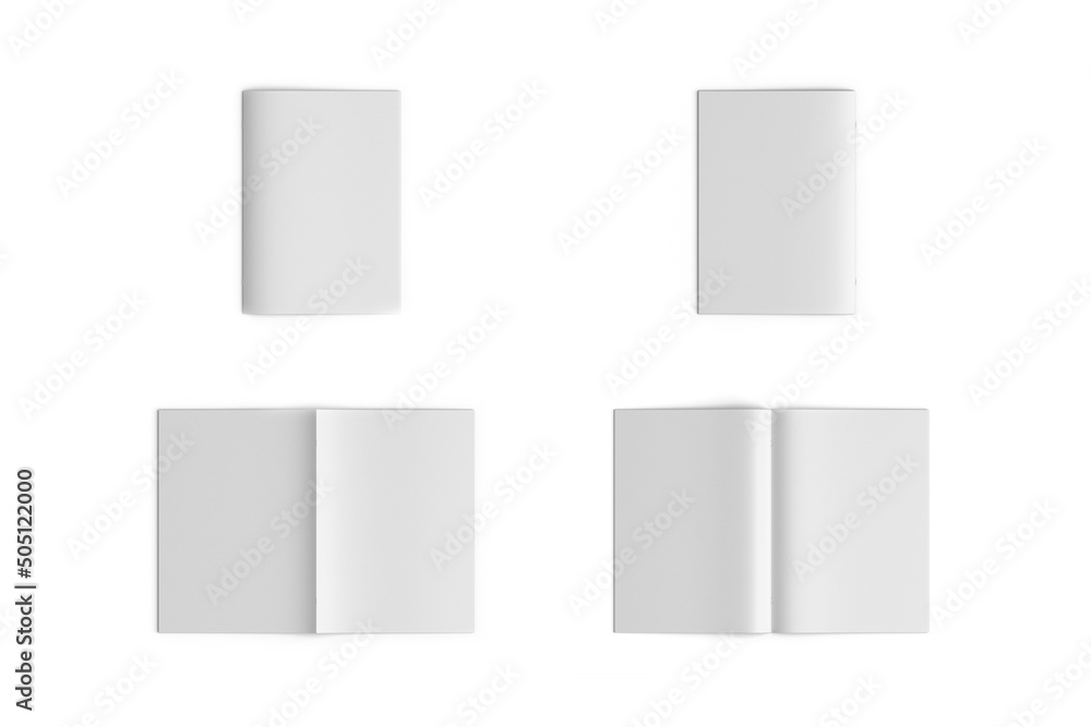 Brochure blank white mockup template for presentation layouts and design. Brochure, catalog open and closed top and side view. front and back cover. isolated on white background.3d rendering. Brochure blank white mockup template for presentation layouts and design. Brochure, catalog open and closed top and side view. front and back cover. isolated on white background.3d rendering.