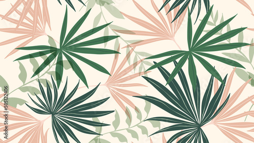 Abstract foliage botanical seamless background. Green wallpaper of monstera, palm, banana leaves, branches, tropical plants. Exotic plants in summer jungle for banner, prints, decor, wall art.