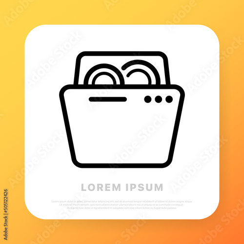 Dishwasher line icon. Kitchen, utensils, plate, bowl, cup, spoon, fork, clean, water, household appliances, home, family. Technology concept. Vector line icon for Business and Advertising