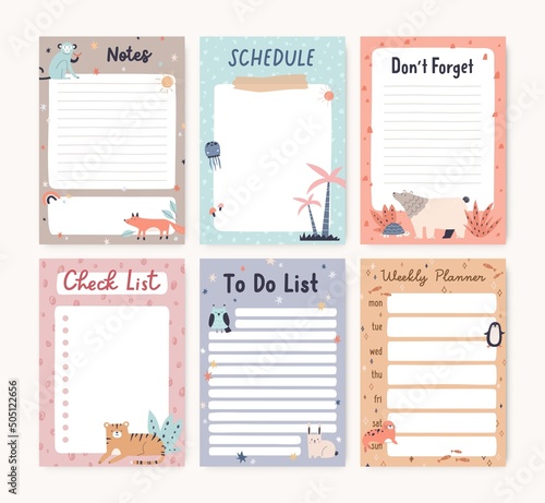 Pages templates set for cute kids planner, diary. Scandinavian-styled to-do l...