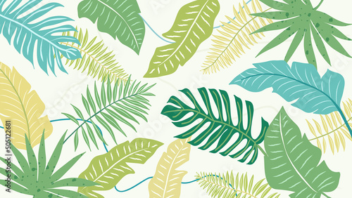 Abstract foliage botanical vector background. Green wallpaper of monstera, palm, banana leaves, branches, tropical plants. Exotic plants in summer jungle for banner, prints, decor, wall art, cover.