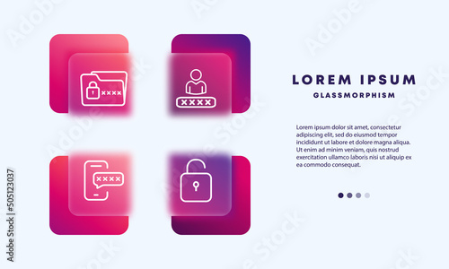 Personal data protection set icon. Folder, password, pin code, protection, secure, phone, computer, lock, person, confidential, file, information, technology. Safety concept. Glassmorphism style