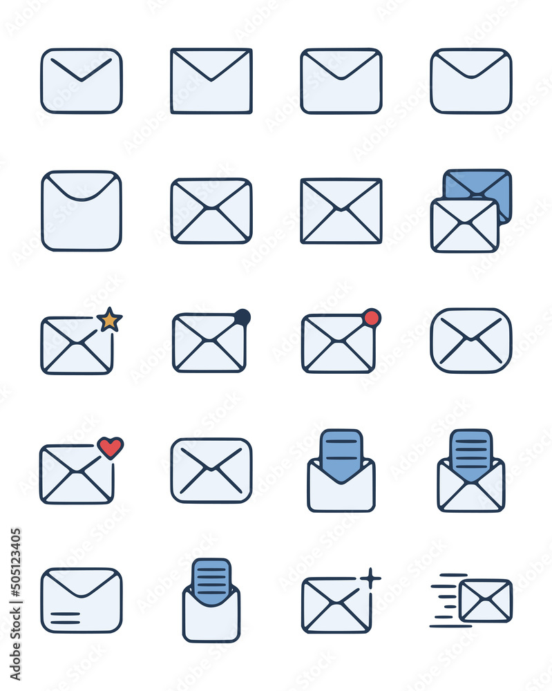 Vector set of envelopes in doodle style isolated on white background. Vector set of envelopes in doodle style isolated on white background.