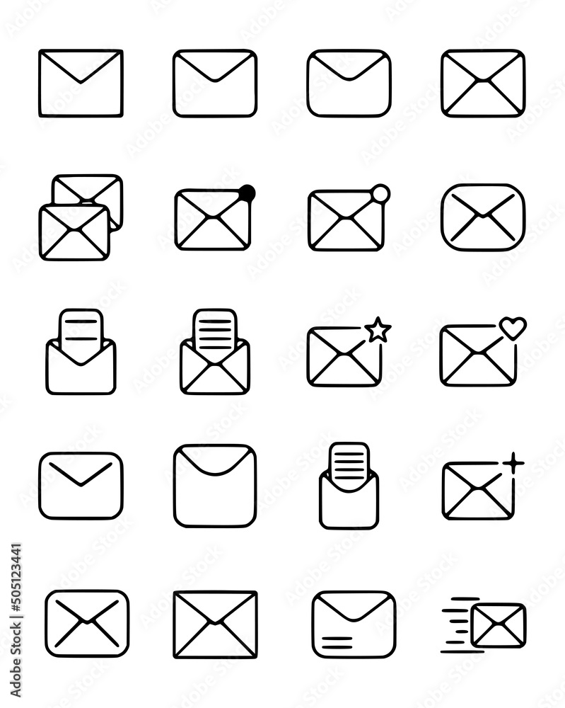 Vector set of envelopes in outline doodle style isolated on white background. Vector set of envelopes in outline doodle style isolated on white background.