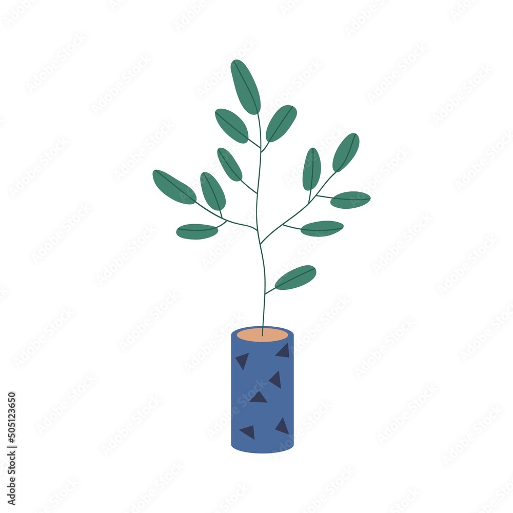 Potted home interior plant. Green leaf houseplant growing in planter. House indoor decoration in flowerpot. Natural decor, abstract greenery. Flat vector illustration isolated on white background - obrazy, fototapety, plakaty 