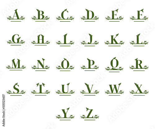 Vector set nature name monogram isolated on white background. Creative letters and numbers symbols in doodle style.