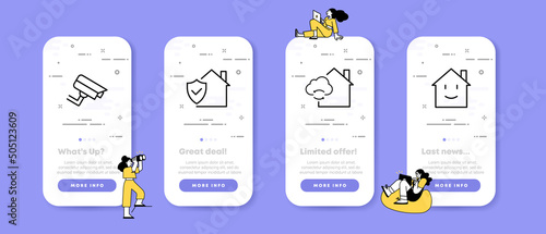 Home safety system set icon. House, safe, private property, family, people, cloud sync, surveillance camera, protection. Technology concept. Infographic timeline with icons and 4 steps