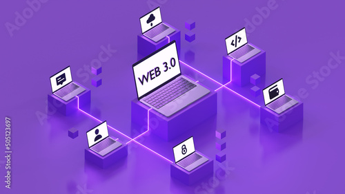 Decentralized web of connected web 3.0 devices represented as laptops. Showing the innovation and possibilities of web 3.0. 3D rendering