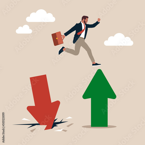 Сonfidence businessman investor jump from red pointing down arrow to green rising up.  plan, saving and investment or stock market rebound and economic recover concept.