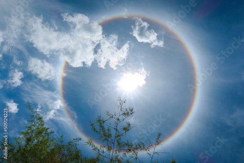 Sun halo is a natural phenomenon that looks like a reflection of many suns overlapping larger than usual. There was a rainbow aura surrounding it. The one in the middle is the brightest.