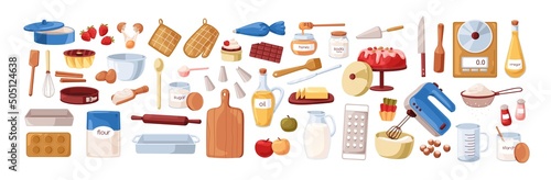 Baking ingredients, tools, utensils set. Kitchen supplies, bakery stuff for cooking cake. Flour bag, sugar, oil, butter, mixer, whisk. Flat graphic vector illustrations isolated on white background