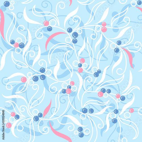 Winter seamless pattern with berries, branches and leaves. Blue, floral, gentle, plants background. Christmas pattern.
