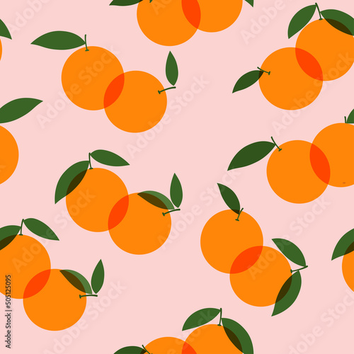 Orange fruits with green leaves, seamless vector pattern on a pink background. Surface design for paper, cover, fabric, gift wrapping, wall art, interior décor.