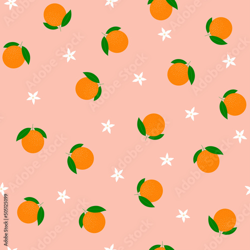 Orange fruits with green leaves and flowers, seamless pattern on a pink background. Vector illustration.