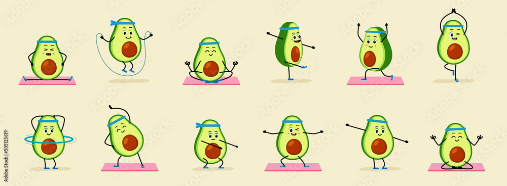 Cute Avocado make exercise. concept of a healthy lifestyle and fitness. yoga training.