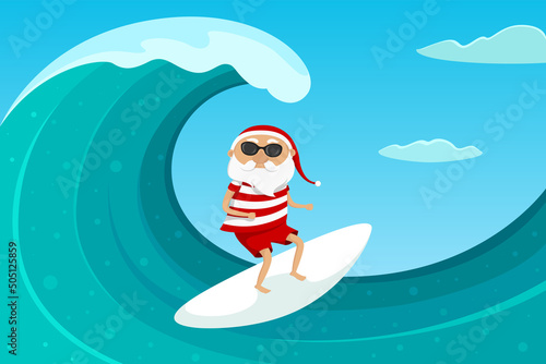 Santa Claus on surfboard. Vector illustration.