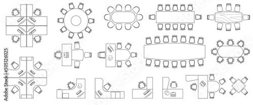 Office Furniture elements top view vector set. Kit for plan of office, house, apartment, workspace. Collection of Interior icon. Table, chair, sofa, plant. Symbol for interior design, project