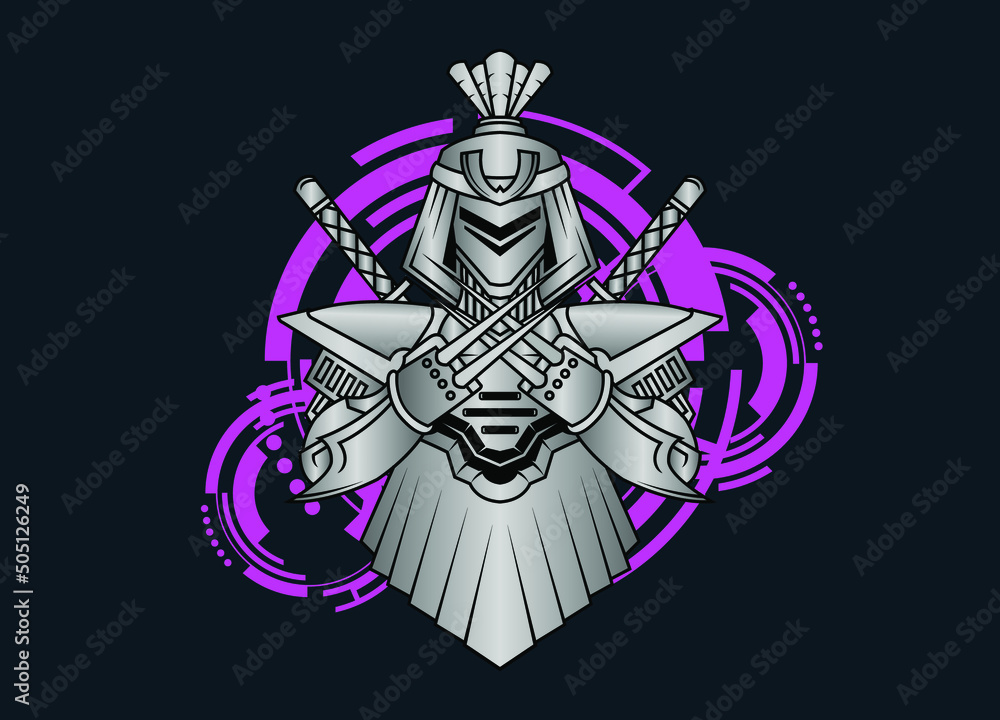 Modern vector illustration of Robotic Mecha Soldier Half Body armor. Titanium metal colour. Trend design. Vector Eps 10. For game card, symbol of mascot. Modern vector illustration of Robotic Mecha Soldier Half Body armor. Titanium metal colour. Trend design. Vector Eps 10. For game card, symbol of mascot.