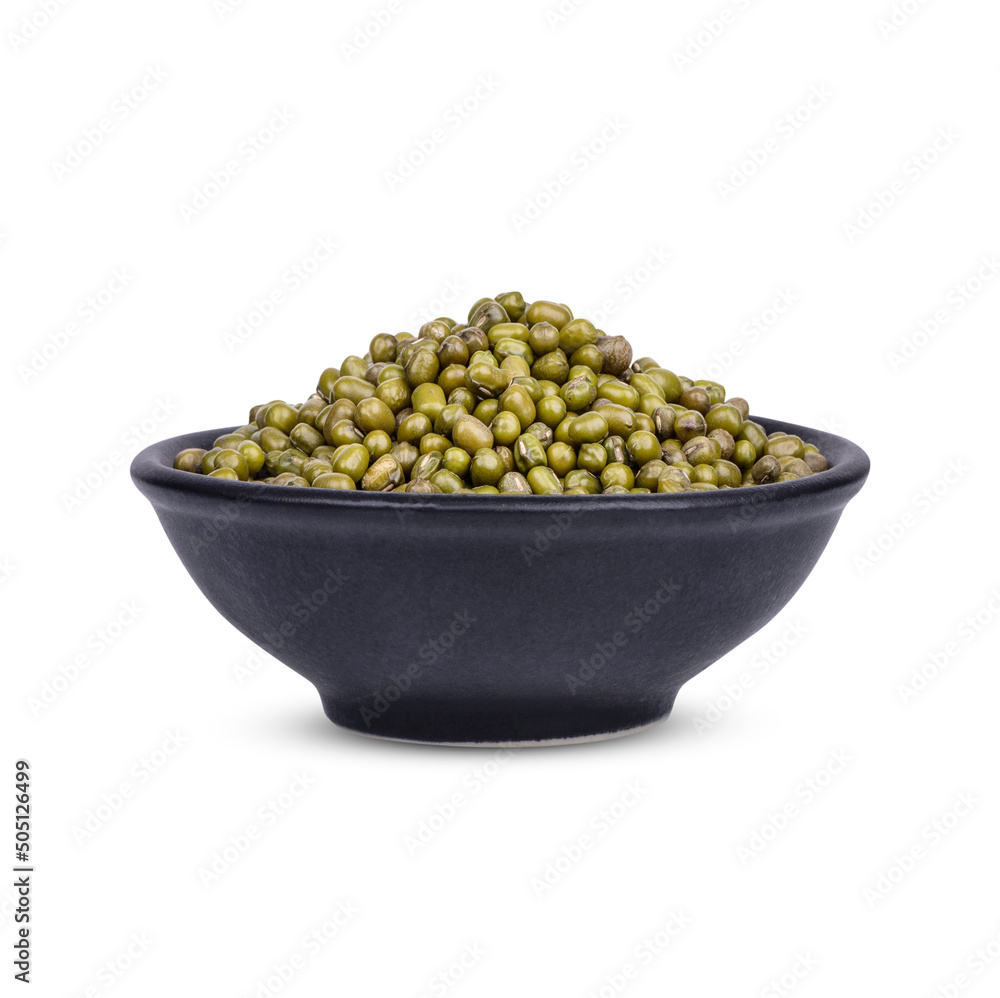 Mung bean seeds in a black cup isolated on white background Mung bean seeds in a black cup isolated on white background