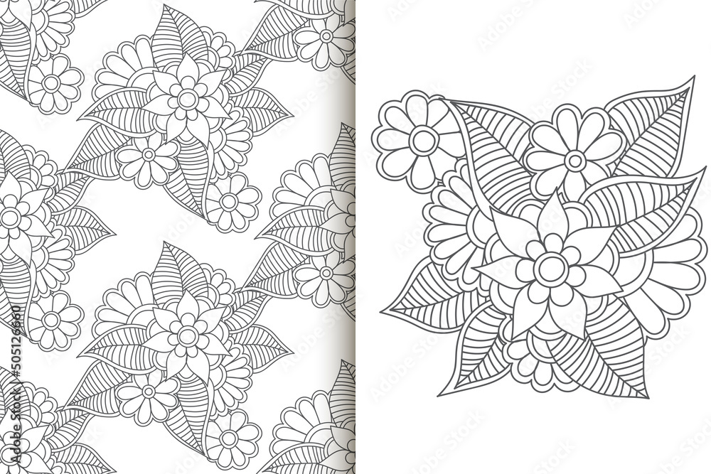 Abstract flower bouquet with seamless pattern. Floral background set